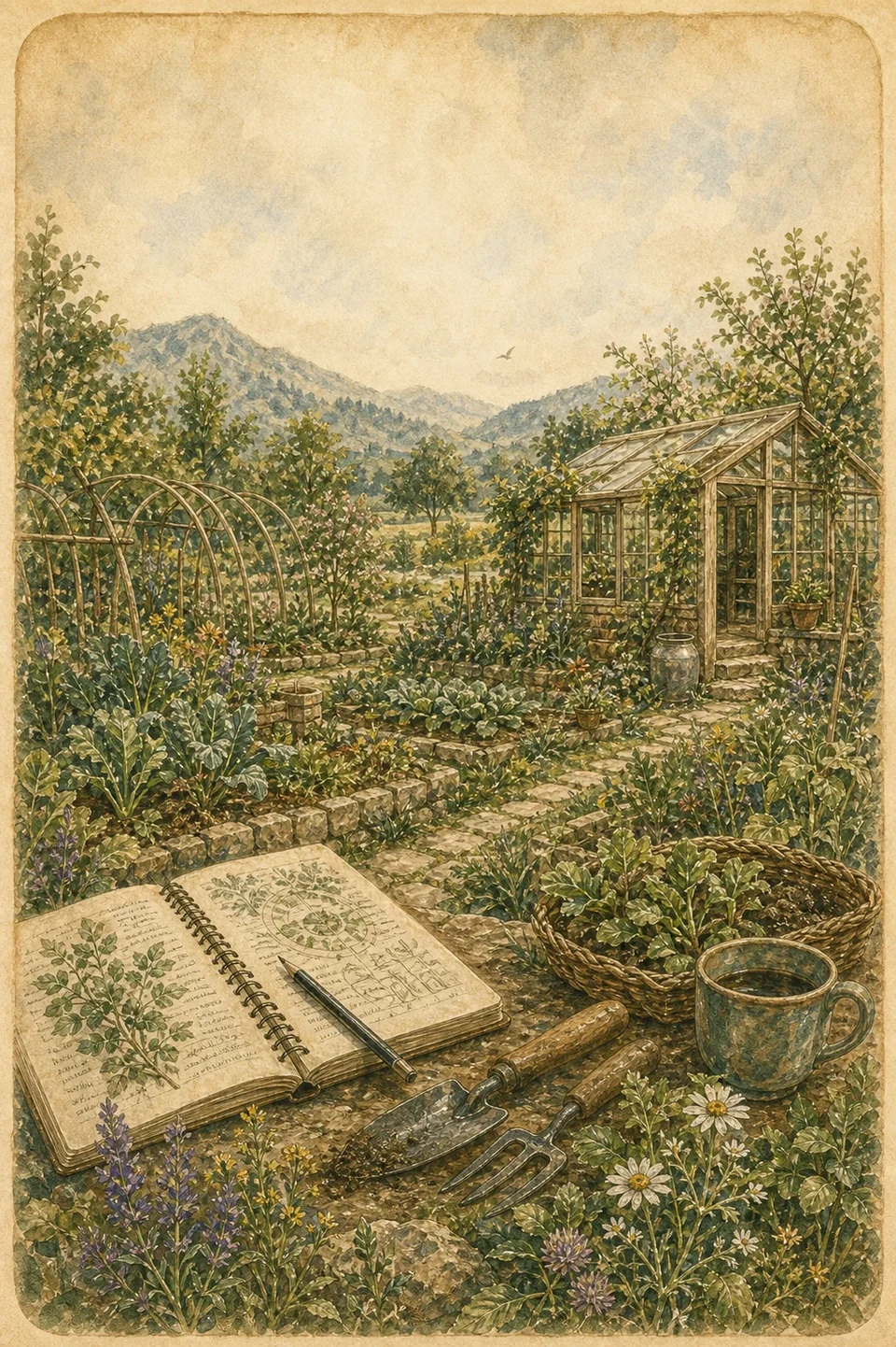 Garten mit Buch und Werkzeug
